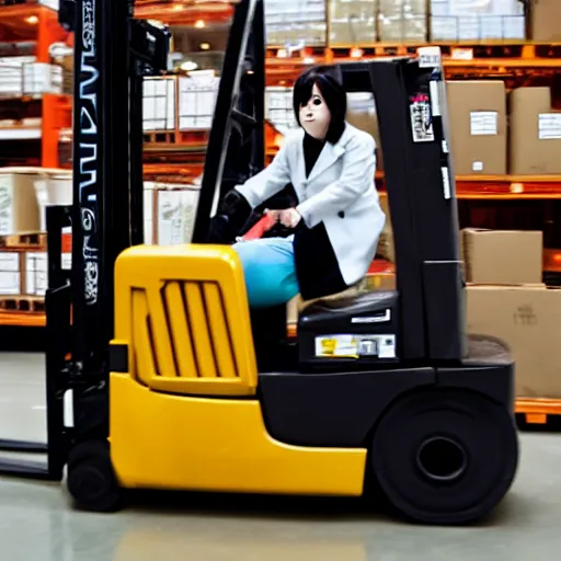 Image similar to a person cosplaying homura akemi operating a forklift