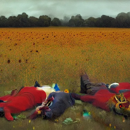 Image similar to a stunning and moody painting of many dead russian soldiers lying in blood amid a field of sunflowers as painted by francis bacon, artstation, concept art, impressionism, hyperdetailed