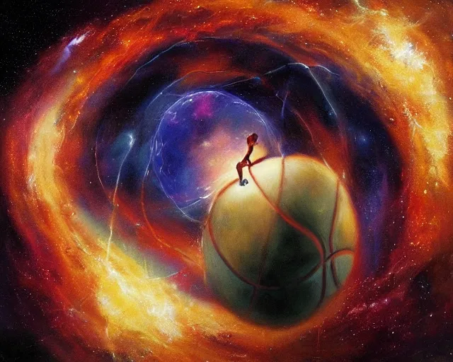 Prompt: cosmic basketball player dunking a basketball hoop in a nebula, an oil painting, by ( leonardo da vinci ) and greg rutkowski and rafal olbinski ross tran airbrush