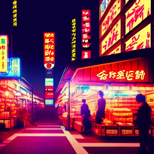 Image similar to japanese market in cyberpunk style with droids, bright neon signs, sunny weather, rendered in octane 4 k, dramatic moody lighting