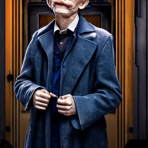 Image similar to tom holland as a rough dirty old man with a scruffy beard in a dark blue trenchcoat as the new doctor who, cinematic, volumetric lighting, f 8 aperture, cinematic eastman 5 3 8 4 film, photorealistic