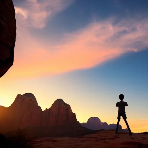 Image similar to award winning cinematic still of teenager boy praying in zion national park, rock formations, colorful sunset, epic, cinematic lighting, dramatic angle, heartwarming drama directed by Steven Spielberg, highly detailed concept art, wallpaper