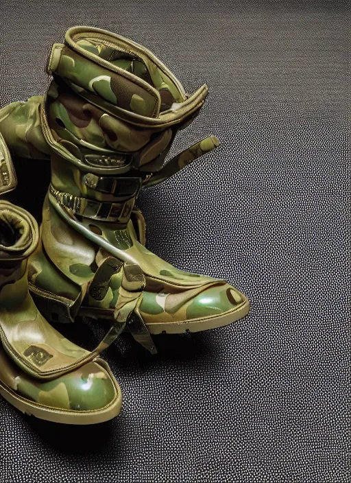 Image similar to hyperrealistic and heavy detailed product photo bape avant garde boots of movie the fifth element, in front of white back drop, whole shoe is in picture, leica sl 2 5 0 mm, vivid color, high quality, high textured, real life