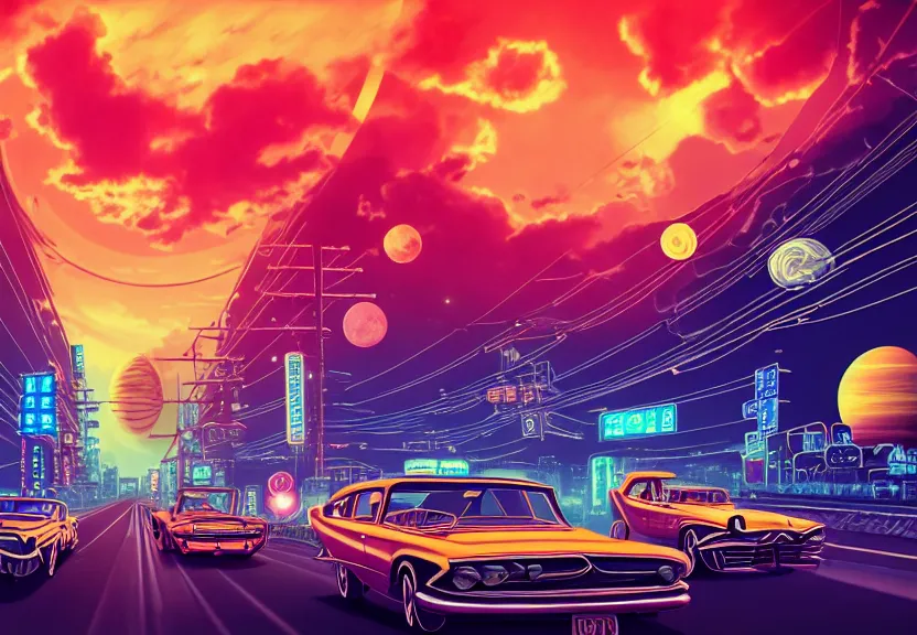 Image similar to old cars go along road away in neo - tokyo, sinthwave, steampunk, neon, magic colorful sky, magic lights, magic stars, magic sunset, big bright planet saturn in sky, realism, ultra detailed, 1 9 6 0 years, 8 k