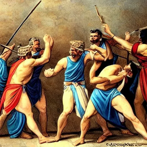 Prompt: ancient greek people fight against people in suits