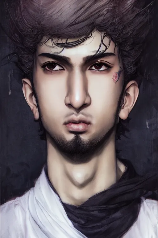 Prompt: beautiful medium shot portrait of a young arabic man casually dressed inspired by ayami kojima, three - quarters portrait, white background white bank studio light, artstation, movie poster, art by yoshitaka amano, hiroaki samura, jiro matsumoto and yusuke murata, sharp focus, high quality, 8 k