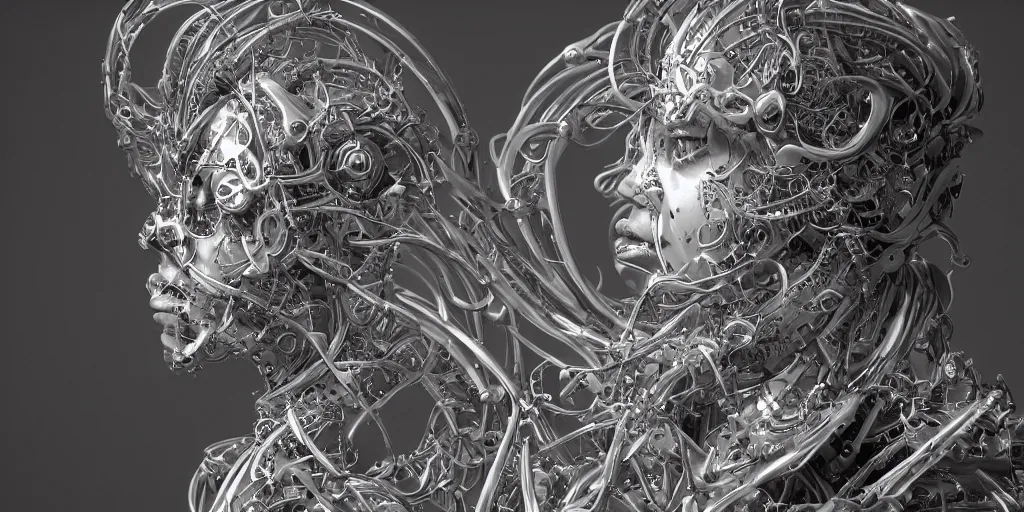 Image similar to hyperrealistic photography of a stunningly beautiful cyborg male, consciences being installed sci - fi, intimate, intricate filigree, fibonacci, in the style of beth cavener, jin kagetsu, and wlop, highly detailed, chrome face symmetry, masterpiece, award winning, sharp focus, concept art, high key, ambient lighting, 8 k, octane render,