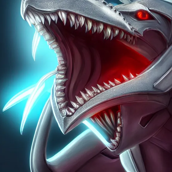 Image similar to close up mawshot of a cute elegant beautiful stunning hot anthropomorphic female robot dragon, with sleek silver metal armor, glowing OLED visor, facing the camera, the open maw being highly detailed living and sharp, with a gullet at the end, you looking into the maw, food pov, micro pov, vore art, digital art, pov furry art, anthro art, furry, warframe art, high quality, 3D realistic, dragon mawshot, maw art, macro art, micro art, dragon art, Furaffinity, Deviantart, Eka's Portal, G6