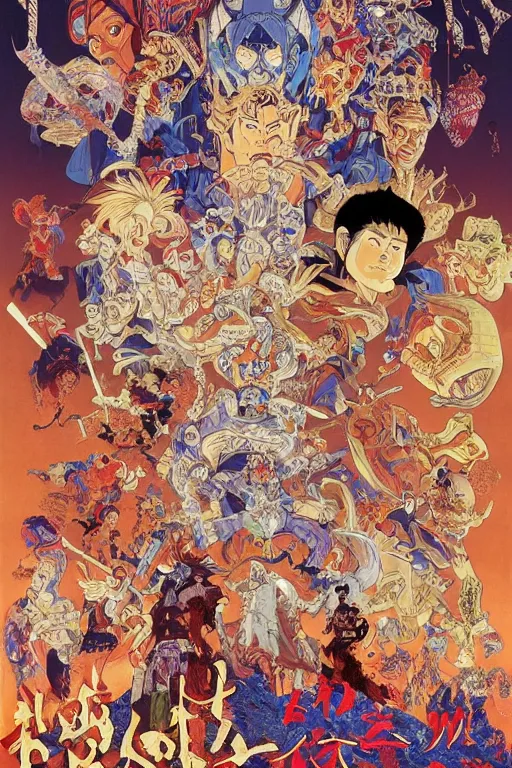 Image similar to Movie poster of Ghouls and Ghosts, Highly Detailed, Dramatic, A master piece of storytelling, wide angle, cinematic shot, highly detailed, cinematic lighting, by ilya repin + Hideaki Anno + Katsuhiro Otomo +Rumiko Takahashi, 8k, hd, high resolution print