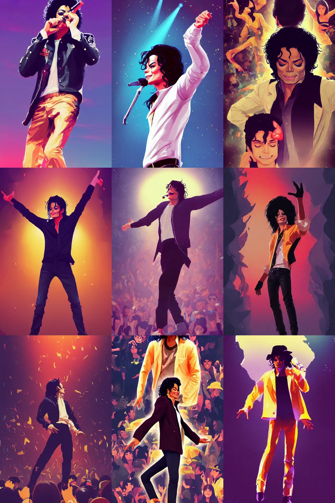 Prompt: a michael jackson on concert, centered, solid bacgkround, median photoshop filter cutout vector behance, hd by artgerm, jesper ejsing, by rhads, makoto shinkai and lois van baarle, ilya kuvshinov, rossdraws, illustration, art by ilya kuvshinov and gustav klimt