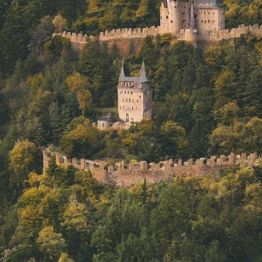 Prompt: very impressive medieval castle in very beautiful valley with trees, perspective, trending on artstation, cinematic, nice lighting, 4k digital art