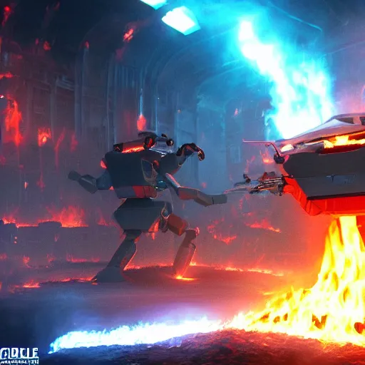 Prompt: futuristic hellscape, burning fire, robots, 8k, fine detail, hyper realistic, photo