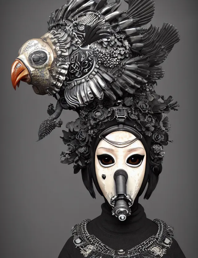 Image similar to 3 d goddess close - up profile punk portrait with vintage gas mask ram skull. beautiful intricately detailed japanese crow kitsune mask and clasical japanese kimono. betta fish, jellyfish phoenix, bio luminescent, plasma, ice, water, wind, creature, artwork by tooth wu and wlop and beeple and greg rutkowski