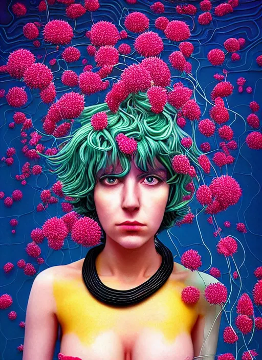 Image similar to hyper detailed 3d render like a Oil painting - Ramona Flowers with wavy black hair wearing thick mascara seen out Eating of the Strangling network of colorful yellowcake and aerochrome and milky Fruit around her neck and Her staring intensely delicate Hands hold of gossamer polyp blossoms bring iridescent fungal flowers whose spores black the foolish stars by Jacek Yerka, Mariusz Lewandowski, silly playful fun face, Houdini algorithmic generative render, Abstract brush strokes, Masterpiece, Edward Hopper and James Gilleard, Zdzislaw Beksinski, Mark Ryden, Wolfgang Lettl, Dan Hiller, hints of Yayoi Kasuma, octane render, 8k