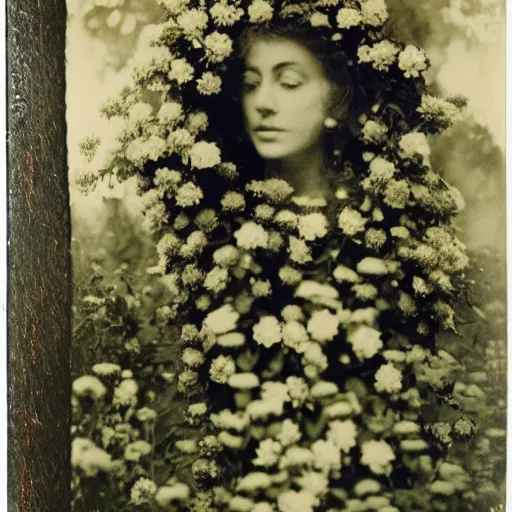 Image similar to portrait of a beautiful woman covered in flowers, Forest, ray gods, 1910 polaroid photography