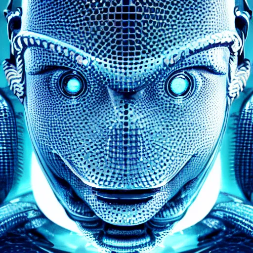 Image similar to an insanely detailed cibernetic artwork of a futuristic artificial intelligence superstar, extremely detailed water texture, centered image, perfectly symmetrical alien face, with frames made of detailed fractals, octane render, 4k, insanely detailed, detailed grid as background, cgi