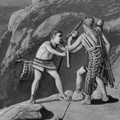 Image similar to schoolbook image of ancient humans discovering guns near a rock.