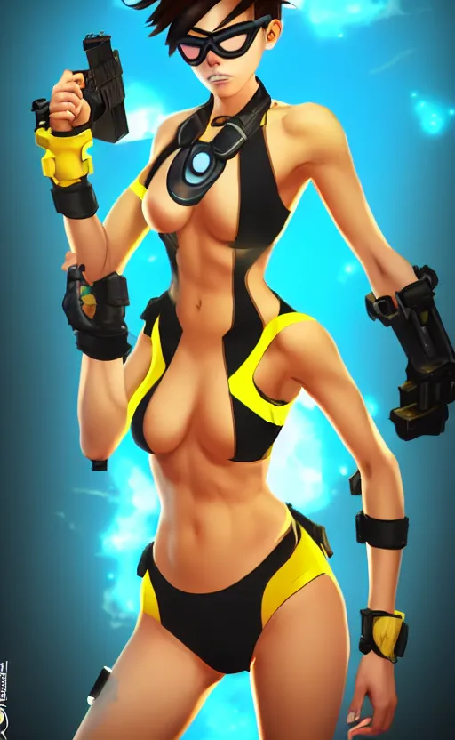 Image similar to tracer game character, in yellow bikini, blonde hair, black eyes, full height
