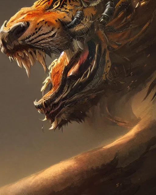 Image similar to A tiger, skin dragon, calm, highly detailed face, full body, fantasy art, monster art, in the style of greg rutkowski, illustration, epic, fantasy, intricate, hyper detailed, artstation, concept art, smooth, sharp focus, ray tracing