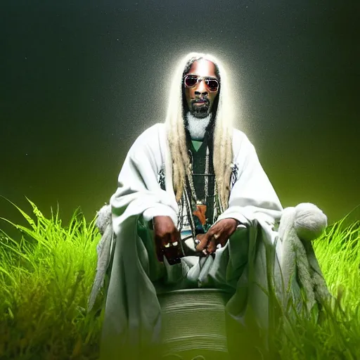 Image similar to snoop dogg with white hair and white beard as gandalf the white, exhaling a huge cloud of magical purple smoke in the vast and lush green fields of the shire, Japanese CGI, VFX, 2003, 40mm lens, shallow depth of field, film photography, volumetric lighting, highly detailed, ultrarealistic