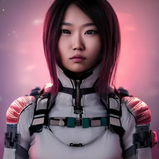 Prompt: a full body portrait of a beautiful asian girl, young with long hair, wearing dead space style space suit, hyper - realistic, very detailed, intricate, very sexy pose, slight smile expression, photo realistic, dramatic cinematic lighting, octane render, 4 k, ultra detailed