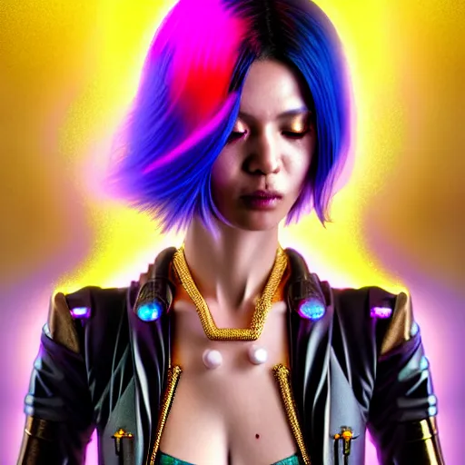 Prompt: hyperdetailed portrait of a stunningly beautiful cyberpunk girlfriend androgynous wizard made of iridescent metals and shiny pink gems, bright rainbow nimbus, gold necklace, gold background inspired by ross tran and masamune shirow and kuvshinov, intricate, photorealistic, octane render, rtx, hdr, unreal engine, dnd digital art by artgerm