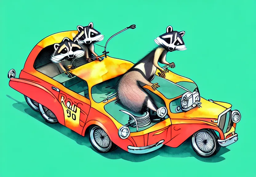 Image similar to cute and funny, racoon riding in a tiny hot rod coupe with oversized engine, ratfink style by ed roth, centered award winning watercolor pen illustration, isometric illustration by chihiro iwasaki, edited by beeple