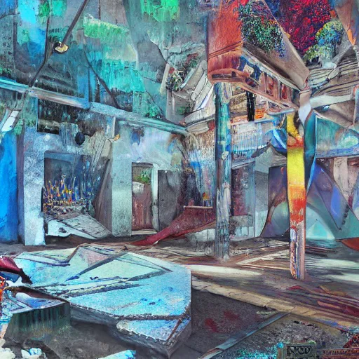 Image similar to underground prison, corroded metal bars, concrete, colorful tapestries, rugs, concept art