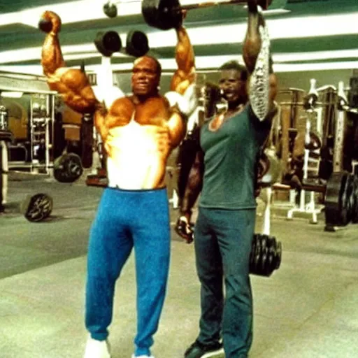 Prompt: predator and arnold schwarzenegger lifting weights together