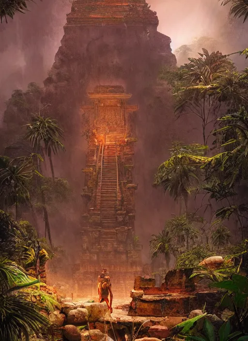 Image similar to ancient temple of doom in the exotic jungle , Dynamic lighting, cinematic, establishing shot, extremely high detail, photo realistic, cinematic lighting, , post processed denoised, concept design, concept art, artstation, matte painting, midjourney, style by alex ross, raphael lacoste, eddie mendoza