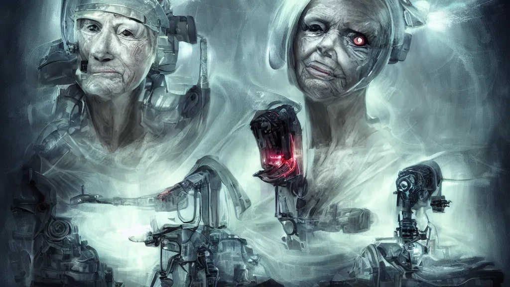 Image similar to my grandma in a nursing home located near a futuristic tank battle, old lady, cybernetic, lasers, dark future, hellscape, digital art, fear, creepy, jeff the killer, trending on artstationhq