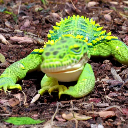 Prompt: reptile with flower bulb growing on its back