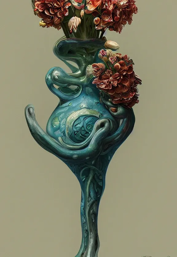 Image similar to biomorphic painting of a vase with flowers and eyeballs, au naturel, hyper detailed, melting plastic, trending in artstation, cinematic lighting, studio quality, smooth render, unreal engine 5 rendered, octane rendered, art style by dorothea tanning and marco mazzoni and ian sprigger and wlop and krenz cushart