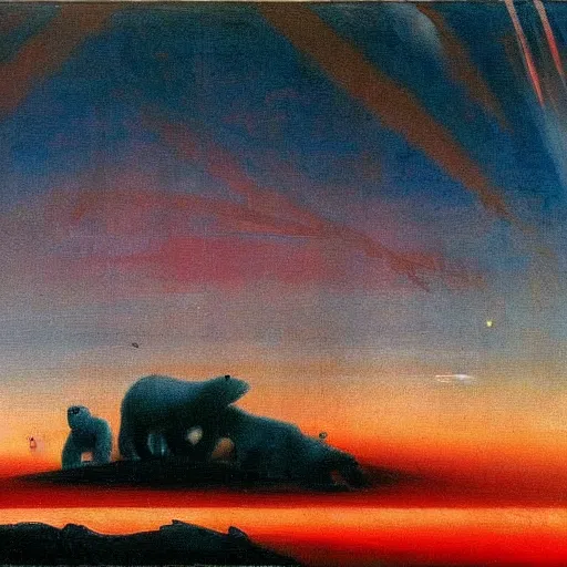 Image similar to the epic abstract painting'blue arctic void with black and red aurora borealis above a tiny polar bear family ', by caspar david friedrich!!!, by rothko!!!, stunning masterpiece, trending on artstation