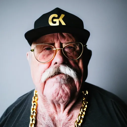 Prompt: dslr portrait photo still of wilfred brimley as a gangsta rapper with gold chains and gold teeth grills, 8 k, 8 5 mm f 1. 8