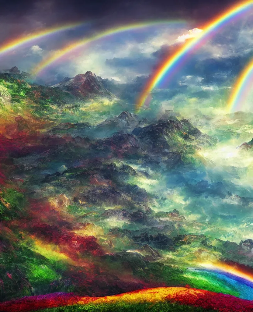 Prompt: enormously detailed hd concept art of three parallel rainbows at horizon, landscape with mountains and flowers, concept art, 8K detail post-processing