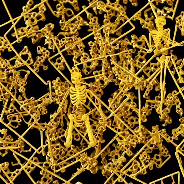 Prompt: golden skeleton being fragmented into tiny pieces