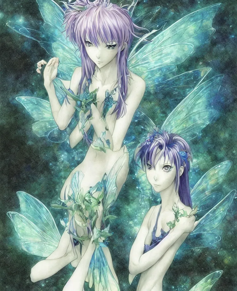 Image similar to an attractive faery appearing from another reality to grant me 3 wishes. art by yoshiyuki sadamoto