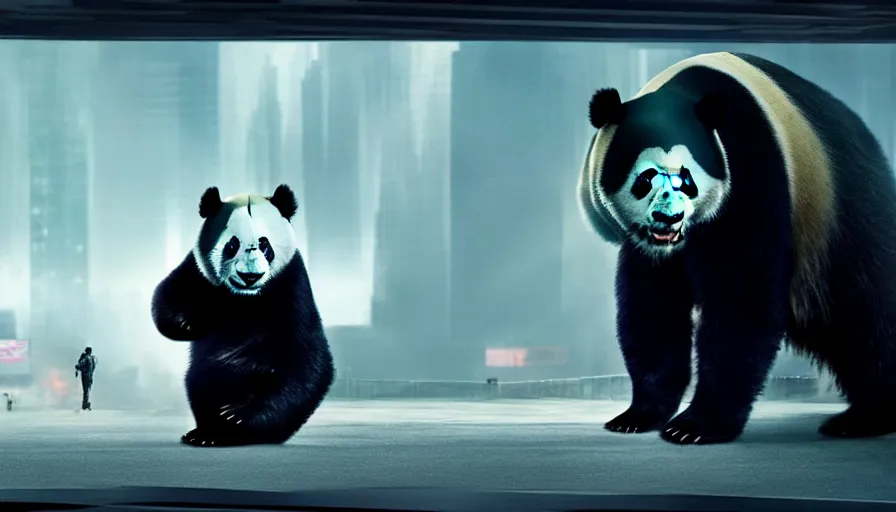 Prompt: hyperrealistic evil giant panda in a mech in futuristic sci - fi city, movie by denis villeneuve, movie still, cinemastic composition, hyperdetailed, analog film