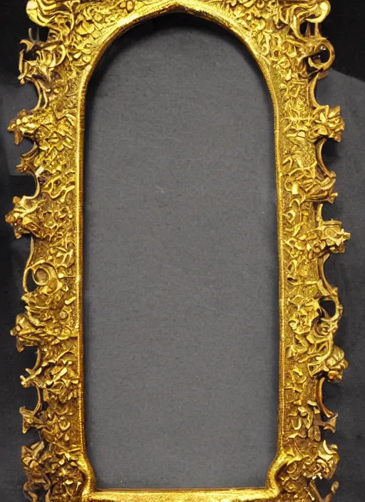 Prompt: ornate tombstone shaped golden frame for an undead god, glittering gold frame