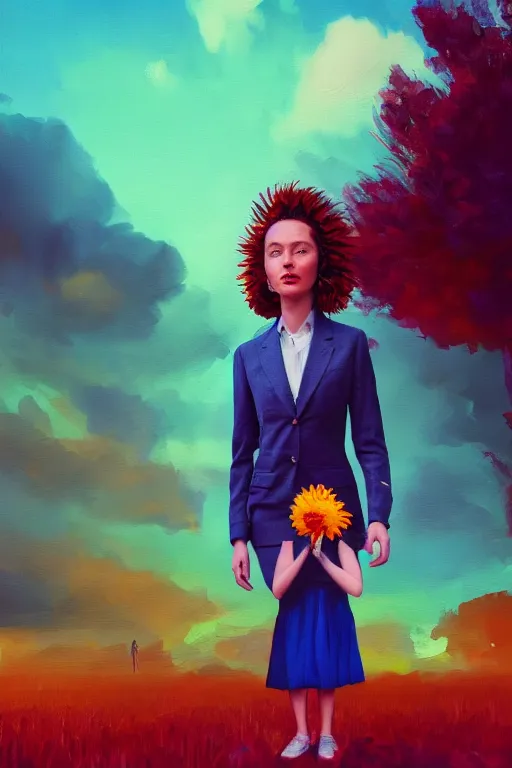 Image similar to closeup giant dahlia flower head, girl in a suit, street, surreal photography, blue sky, sunrise, dramatic light, impressionist painting, digital painting, artstation, simon stalenhag