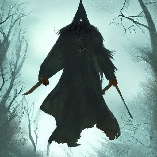 Image similar to wizard, dark, flying on the broom, front view, trees, snowing, artstation, digital art