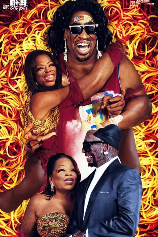 Prompt: dennis rodman and oprah winfrey, ghanaian movie poster, romantic comedy, spaghetti basket, ninjas, highly detailed, high octane render, hd, realism