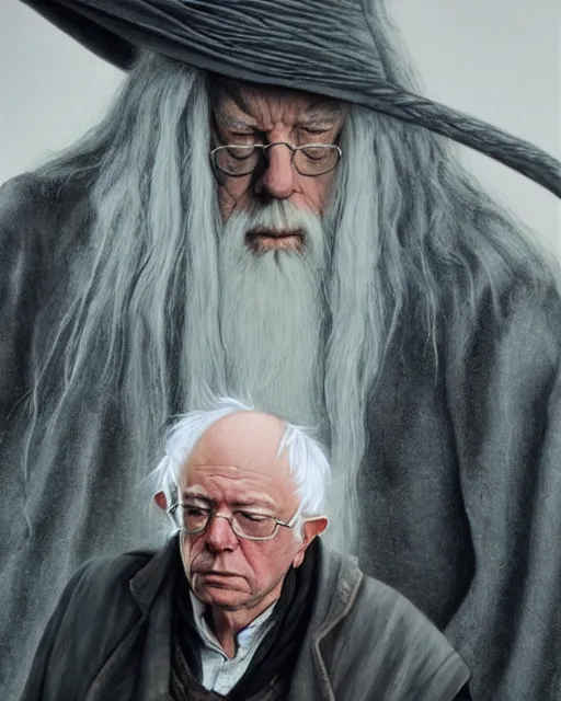 Prompt: portrait of bernie sanders as gandalf in lord of the rings, beautiful, very detailed, hyperrealistic, medium shot, very detailed painting by Glenn Fabry, by Joao Ruas