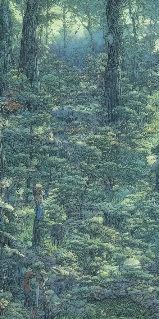 Prompt: an enchanted forest by mœbius and akihiko yoshida, 4 k wallpaper, highly detailed, intricate brush strokes