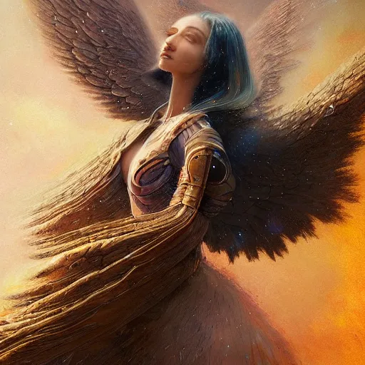 Image similar to UHD hyperrealistic photorealisitc, detailed cosmic Angel robot, with real wings, by Greg Rutkowski and Amano, tonalism, rich deep colors masterpiece