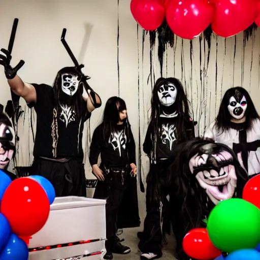 Image similar to black metal band at a children's birthday party, balloons, clown, cakes, fun, kids