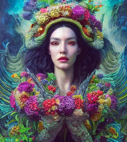 Prompt: portrait of quetzalcoatl, surrounded by flowers by karol bak, moebius, tom bagshaw, rococo, trending on artstation, cinematic lighting, hyper realism, octane render, 8 k, hyper detailed, ink by dave gibbons