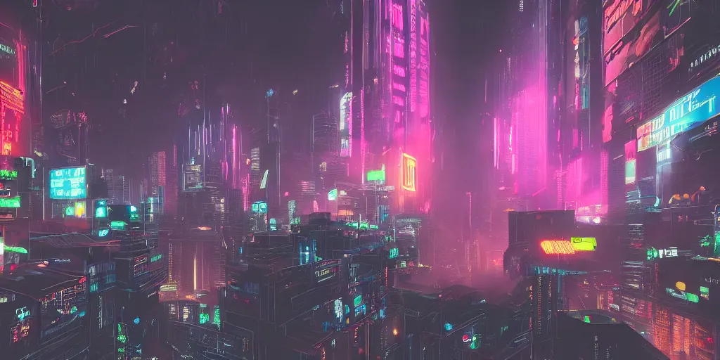 Image similar to i, a detailed cyberpunk city, mist, rain, neon light, giant aircrafts, 8k, high definition, trending on artstation