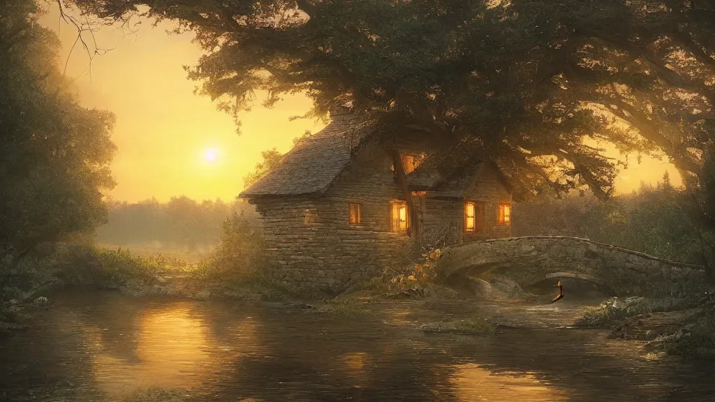 Image similar to small wooden cottage by the river, a tree with vines wrapped around it, two crows on the tree, tranquility, arch stone bridge over the river, an old man riding a horse on the bridge, sunset, by charlie bowater, by greg rutkowski